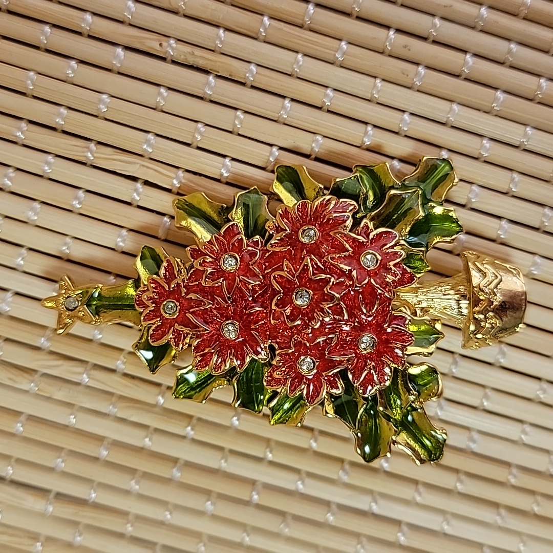 Christopher Radko Poinsettia Christmas Tree Rhinestone Enamel Brooch Pin Holiday 38$